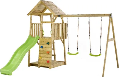 Image de KANGUI Aire de jeux portique en bois WOODI - Double balançoire, toboggan, mur d'escalade, bac a sable, cabane, échelle