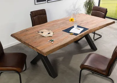 Produktbild von MASSIVMOEBEL24 Baumtisch Sheesham 180x90x77 grau gebeizt / X-Beine anthrazit matt FREEFORM 5