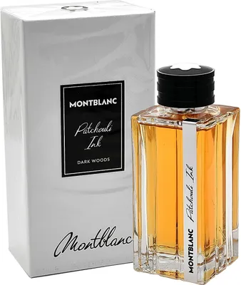 A bottle of Mont Blanc Patchouli Ink perfume and its packaging are displayed on a white background.