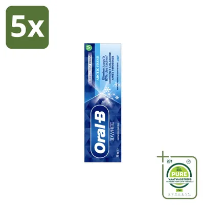 Imagen del producto de 5 tubos de pasta dental Oral-B 3D White Arctic Fresh, 75 ml cada uno. Pack grande, 5 unidades