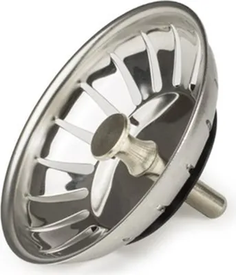 A stainless steel sink strainer basket with a central knob.