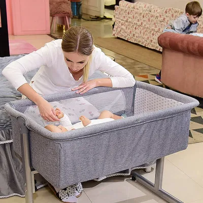 Produktbild von Babywiege Reisebett Schaukelwiege mit Transporttasche und Matratze faltbar klappbar tragbar grau