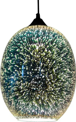 A close-up of a pendant light with a 3D firework-like design.