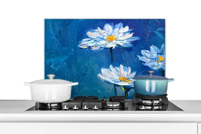 Obrázok produktu pre MuchoWow® Splashback Kuchyňa - Kuchynský backsplash - Ochrana steny pre sporák a drez Maľba - Olejomaľba - Kvety - Modrá 60x40cm Alu-Dibond