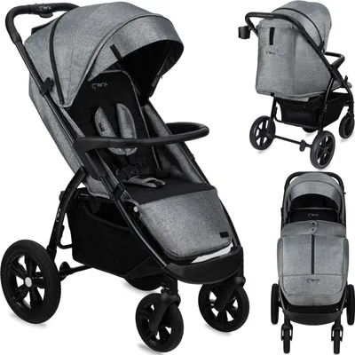 Zdjęcie produktu dla Wózek spacerowy MoMi MIYA - duże koła 11", uchwyt na kubek, moskitiera, osłona przeciwdeszczowa i pokrowiec na nóżki - szary