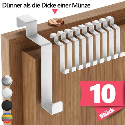 Produktbild von Lindenstein Türhaken Innenseite, 10er Set, Weiß - Edelstahl Türhaken zum Einhängen, Kleiderhaken Tür für Jacken & Handtücher, Handtuchhalter Tür Innen