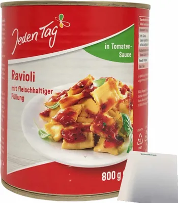 Produktbild von Jeden Tag Ravioli in Tomatensoße mit fleischhaltiger Füllung (800g Dose) + usy Block