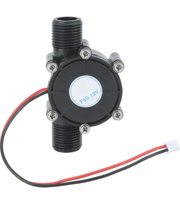 A black micro water generator with red and black wires and a white connector.
