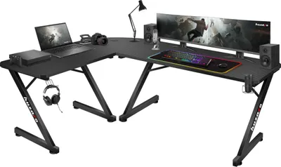 Produktbild von huzaro Hero 7.0 | L-förmiger Eckschreibtisch Gamingtisch Schreibtisch Bürotisch | Rechts Links Montage | Carbon Tischplatte | 154 x117 | Schwarz