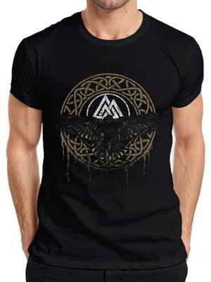Produktbild von Wikinger Rabe Valknut Symbol Nordische Mythologie Runenkreis Herren T-Shirt, Schwarz, L