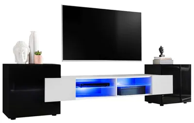 Obrázek produktu pro Extreme Furniture Bridge TV Skříňka Skříňka do Obývacího Pokoje se 2 Skleněnými Policemi a 2 Dvířky černy korpus a bíla čela