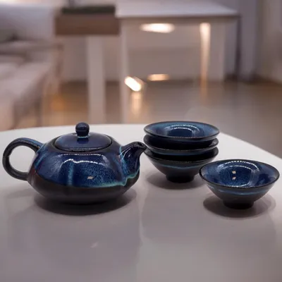 Immagine prodotto di Set da tè - Tonalità blu - Teiera e quattro tazze