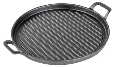 Produktbild von Gusseisen Pfanne Rund Grillplatte Ø 31 cm aus massiv 2,9 kg mit Griffen für BBQ, Grill, Herd & Ofen, gleichmäßige Wärmeverteilung auf der Platte