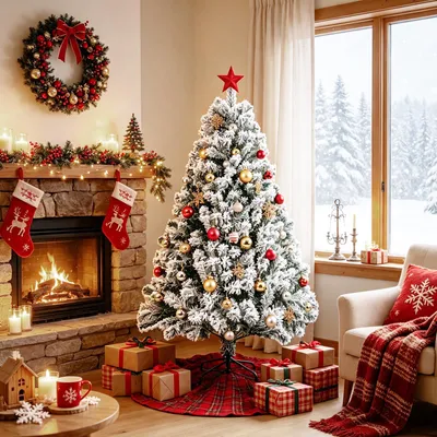 Image de Arbre de Noël artificiel Eikuavons, 150 cm de haut, avec effet neige, 550 branches, sapin artificiel dense, recouvert d'une couche épaisse, avec un pied en métal pliable