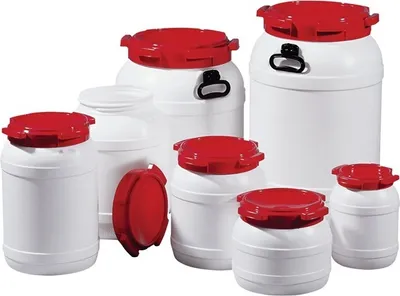 Zdjęcie produktu dla Bęben z szeroką szyjką 6,0l PE biały z czerwoną pokrywą z uchwytami do przenoszenia otwór wlewowy d.136mm