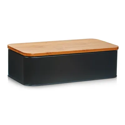 Image de ZELLER 25377 Boîte à pain avec couvercle en bambou, métal, noir mat, 42,5 x 23 x 13 cm