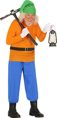 A man dressed in a dwarf costume holding a pickaxe and a lantern.