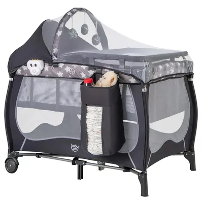 Produktbild von GOPLUS 4-in-1 Babybett, tragbares Baby Reisebett mit Matratze, Kinderreisebett mit Rollen Seitenwände Tragetasche, Kinderbett inkl, Grau, Graue Sterne