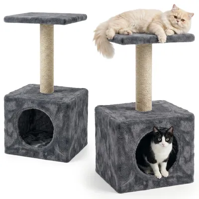 Produktbild von Kratzbaum für Katzen, Aktivitätskratzbaum 60 cm, Spielbaum mit Häuschen und Plattform, Grau
