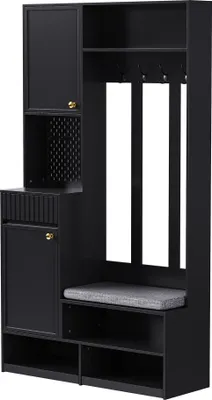 Produktbild von MODFU Flurgarderoben-Set Kleiderschrank mit Türen und Schubladen,Garderoben-Set Garderobenschrank mit Schuhbank,Wandgarderobe mit Haken, Schwarz