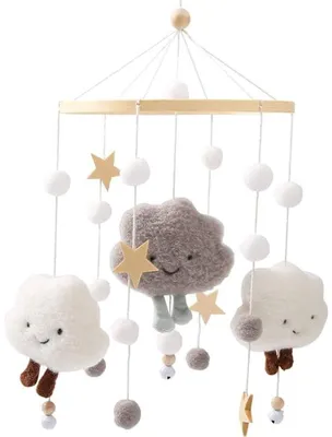 Produktbild von Babymobile aus Bambus und Vilt - Wolken und Sterne - Handgefertigt - Förderung der Sinnesentwicklung