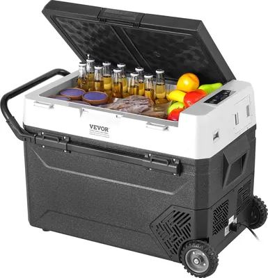 A VEVOR portable car refrigerator filled with drinks and food, with its lid open.