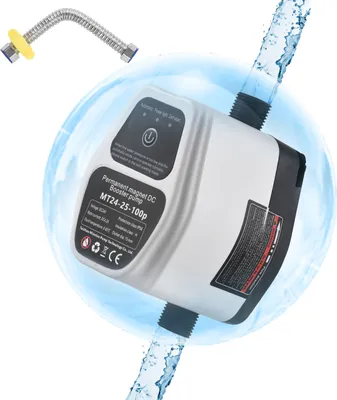 A water booster pump is shown with water flowing through it, surrounded by a blue, watery effect. A flexible hose is also visible in the upper left corner.