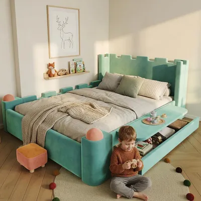 Zdjęcie produktu dla Łóżko tapicerowane Kinder, podwójne, z rozkładanym stolikiem nocnym, szufladą na pościel, w stylu zamkowym, z miękkimi, antykolizyjnymi krawędziami, obite aksamitem, kolor niebiesko-zielony, wymiary 140x200 cm