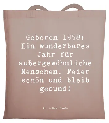 Produktbild von Mr. & Mrs. Panda Tote Bag Spruch 1958 Geburtstag - Braun Pastell - Geschenk, Geburtstagsgeschenk, Jutebeutel, Geboren, Happy Birthday, Jubiläum, Schultasche, Tasche