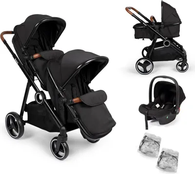 A collage of images showing a black twin stroller, a bassinet attachment, and a car seat.