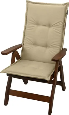 A close-up studio shot of a beige cushion on a wooden garden chair.