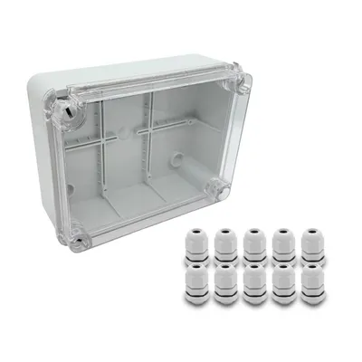 Produktbild von ARLI SET: Abzweigdose IP67 Sichttür 190 x 145 x 80 mm + 10x Kabelverschraubungen M12 x 1,5 mm