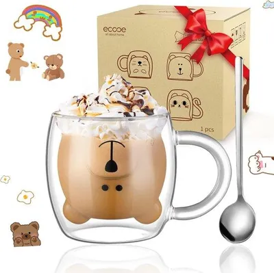 Productafbeelding van Famanu koffiemok, dubbelwandig - Beer design met lepel en handvat, 280 ml