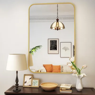 Zdjęcie produktu dla Lustro ścienne o zaokrąglonym kształcie, wymiary 61 x 91 cm, rama aluminiowa, kolor złoty