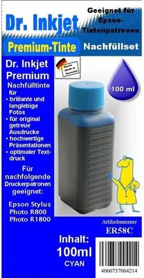 Produktbild von ER58C - cyan - Dr.Inkjet Premium Nachfülltinte 100ml für Ihren Epson Drucker