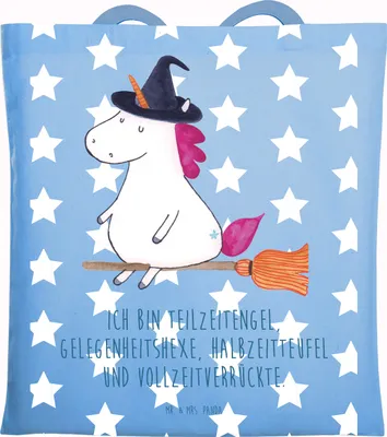 Produktbild von Mr. & Mrs. Panda Schultasche Einhorn Hexe - Sky Blue - Geschenk, Einkaufstasche, Frau, totebag, Einhörner, Freundin, Teufel, dokumententasche, Unicorn, Jutebeutel