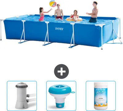 Produktbild von Intex-Schwimmbecken mit rechteckigem Rahmen – 450 x 220 x 84 cm – Blau – im Lieferumfang enthalten Filterpumpe für Schwimmbad - Chlorschwimmer - Chlor