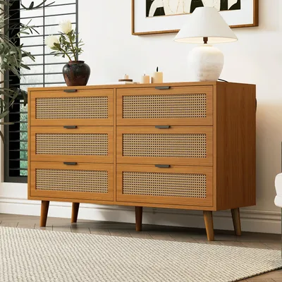 Image de OKWISH Commode 6 Tiroirs - Rangement Spacieux pour Chambre avec Pieds Massifs et Poignées Métal - Bois Noyer 120x40x76.5 cm