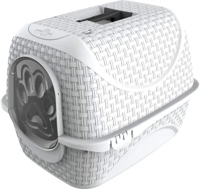 A white, woven-patterned cat litter box with a clear paw-print shaped door.