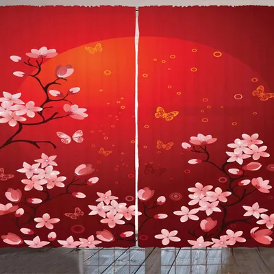 Obrázok produktu pre ARANDE červená záclona, éterická abstraktná krajina so západem slnka, kvitnúcimi vetvičkami sakury a motýľmi, 280 x 245 cm, koralovo oranžová červená