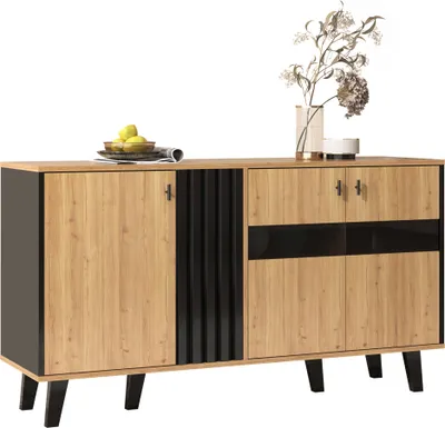 Produktbild von Sweiko 140 x 78,5 x 41 cm großes Sideboard, farblich abgestimmtes Design-Sideboard aus Holz und Schwarz mit Stauraum, Schrank mit LED-Licht und Glas, vielseitig einsetzbar .