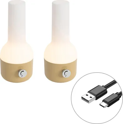 Produktbild von Set mit 2 Outdoor Tischleuchten Gold mit Weiß inkl wiederaufladbarem LED Haard