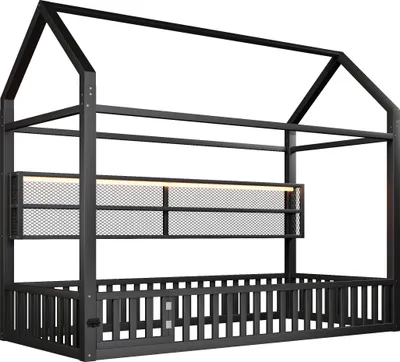 Zdjęcie produktu dla Łóżko platformowe w kształcie domu o wymiarach 90 x 200 cm z barierką i oświetleniem LED