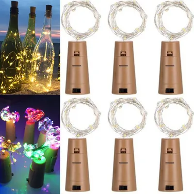 Obrázek produktu pro Sada 6 kusů LED světel na láhve vína – 2 m vodotěsná, barevná řetězová světla s 20 LED diodami na láhve vína, dekorativní světla na svatbu, Vánoce a do zahrady