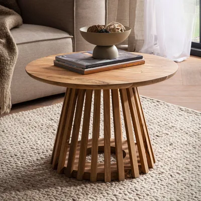 Obrázok produktu pre WOHNLING Konferenčný stolík 60x60x40 cm z masívneho akátového dreva, svetlohnedý, okrúhly dizajnový stolík do obývačky s mriežkovanou konštrukciou, moderný konferenčný stolík do obývačky