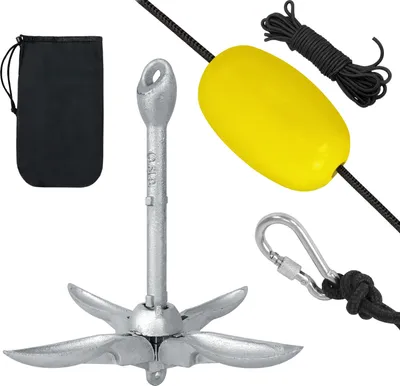 Produktbild von UISEBRT Bootsanker Klappanker Faltanker Verzinkt Anker 1,5KG Ankerset Mit Karabiner, Ankerboje & Transportbeutel  für Schlauchboot Boot SUP