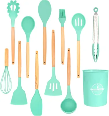 Produktbild von Intirilife 12-teiliges Küchenutensilien Set Küchenhelfer aus Silikon in Grüntürkis - 12.5 x 32.5 cm - Antihaft Hitzebeständiges Kochbesteck mit Löffel Schneebesen Pfannenwender Pinsel Schöpfkelle