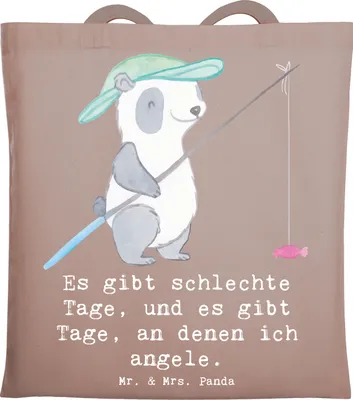Produktbild von Mr. & Mrs. Panda Jutebeutel Panda Angeln - Braun Pastell - Geschenk, Tragetasche, Tote Bag, Schultasche, Angler, Tasche, Hobbyangler, Shopping, Angelverein, Angelsport