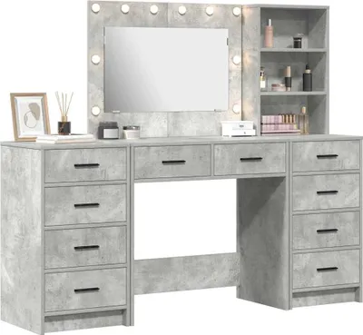 A vanity table with a mirror and lights, and shelves on the side, filled with makeup and skincare products.