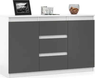 Produktbild von VBChome Kommode 120 x 35 x 75 cm mit Schubladen und 2 Türen Weiß - Graphit Grifflose Schubladenkommode Mehrzweckschrank für Flur Schlafzimmer